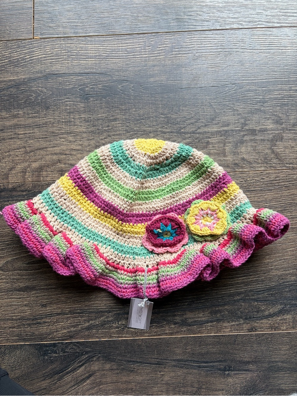 Crochet Ruffled Sun Hat in Pink, Green, Yellow & Cream